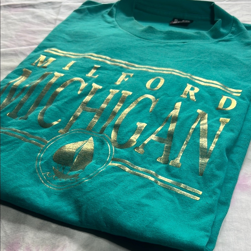 Vintage Teal and Gold Milford Michigan Oversized Short Sleeve Tee